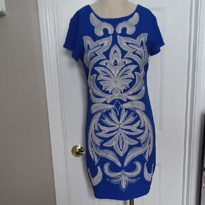 Francesca's Collections Royal Blue Dress with Cream Patterns